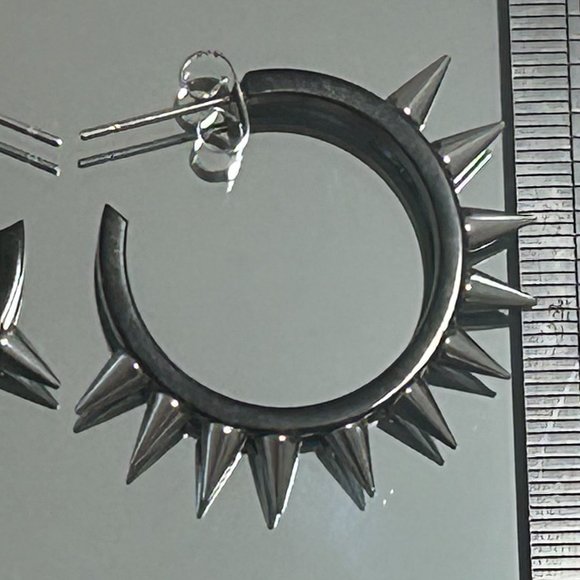 Punk Rock Star Black Silver Spike Stainless Steel Pierced Hoop Earrings - Picture 3 of 5